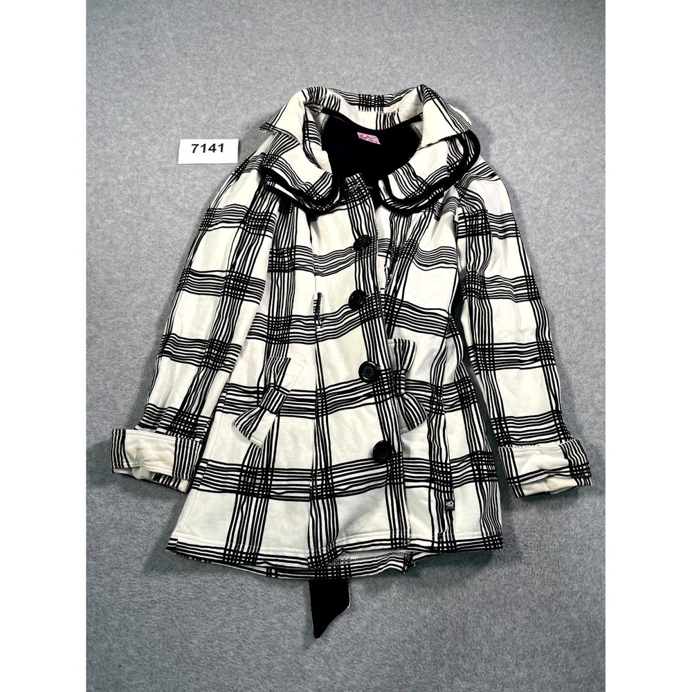 LA Kitty Pea Coat Womens L White Black Plaid Cotton Double Breasted Belted